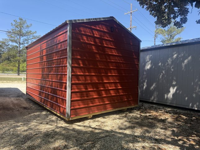 10x16 metal utility shed for sale in Covington LA with red siding and white trim