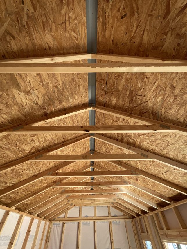 12x20 Garden Shed - Interior View Showing Trusses and Full Length Ridge Cap Vent - Available For Sale In Covington LA