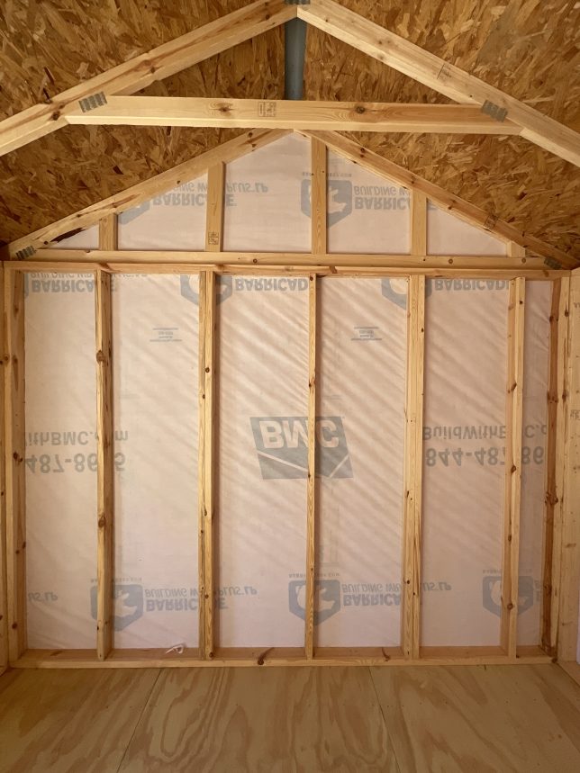 12x20 Garden Shed - Showing Interior End Wall With Installed House Wrap Moisture Barrier - Available For Sale In Covington LA