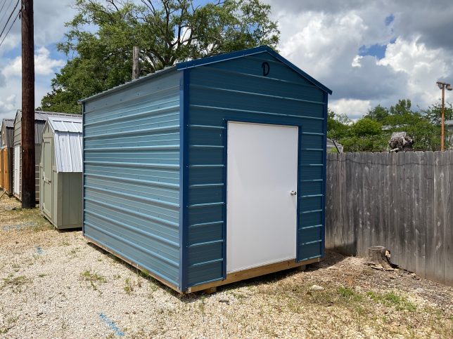 Blue 8x12 metal utility shed for sale in Covington Louisiana.
