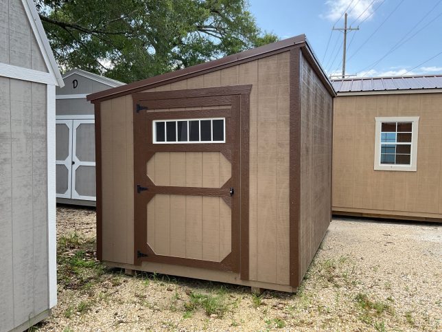 Low-profile 8x12 storage shed with end-wall door