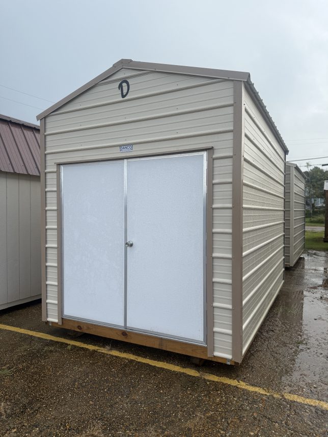 Right-front exterior view of an affordable 8×12 metal storage shed with 6-foot-wide double-door opening.